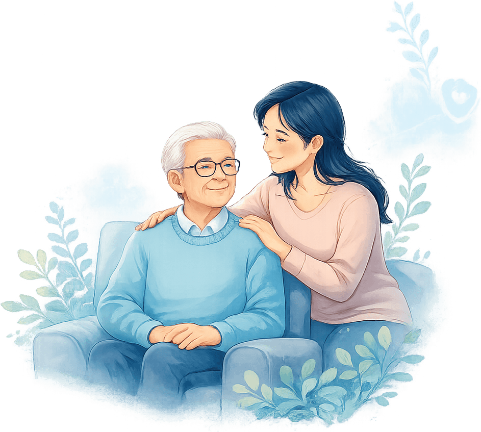 An older adult with a supportive family caregiver